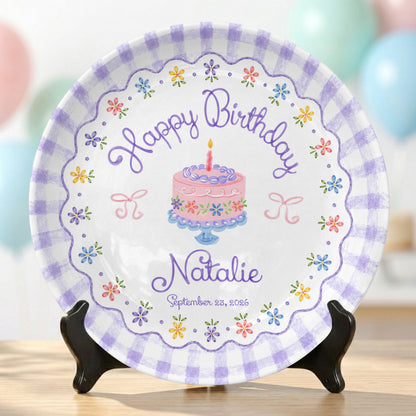 Purple Gingham Floral Birthday Cake Custom Name Keepsake Personalized Birthday Plate Gift P818DTR0