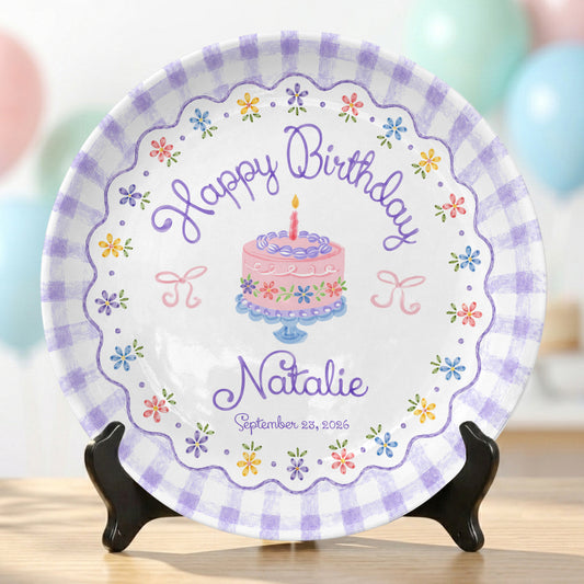 Purple Gingham Floral Birthday Cake Custom Name Keepsake Personalized Birthday Plate Gift P818DTR0