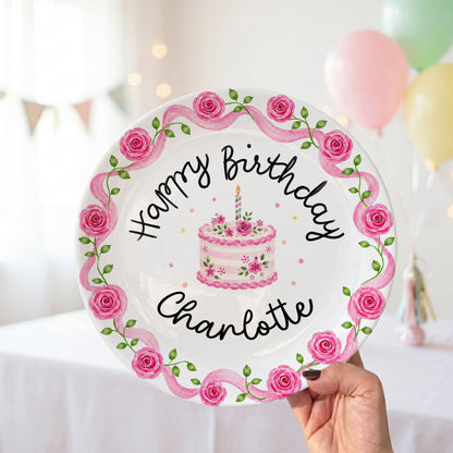 Pink Rose Cake Personalized Birthday Plate P729XQR0