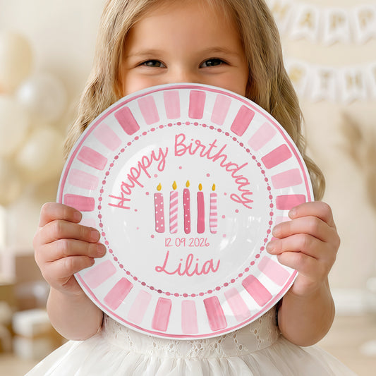 Pink Striped Border with Pink Birthday Candles Personalized Birthday Plate P481HC0