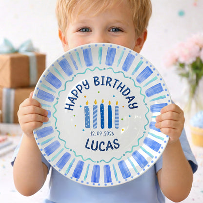 Blue Striped Candles Personalized Birthday Plate P46KBS0