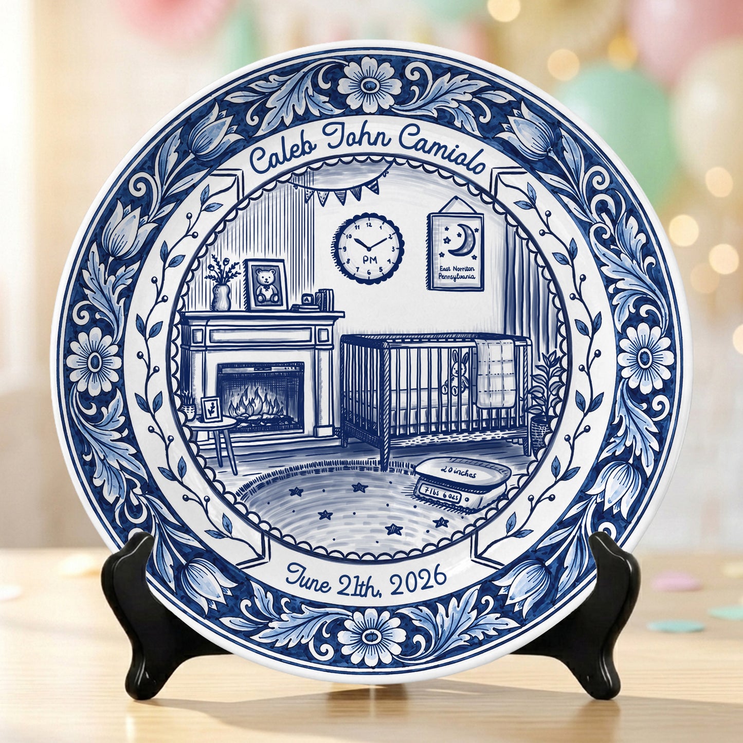 Delft Blue Newborn Birth Stats Custom Keepsake Personalized Birthday Plate P820UMN0