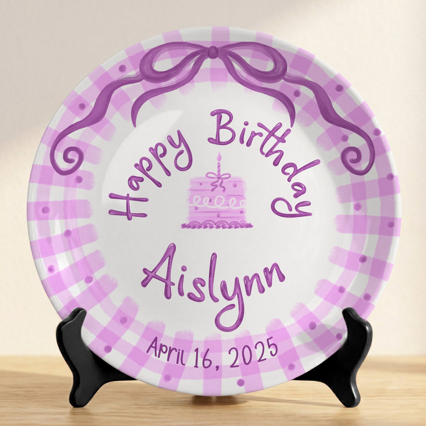 Pink Gingham Bow Personalized Birthday Plate for Kids, Custom Name and Date Ceramic Keepsake P85LHL0