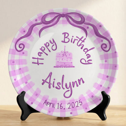 Pink Gingham Bow Personalized Birthday Plate for Kids, Custom Name and Date Ceramic Keepsake P85LHL0