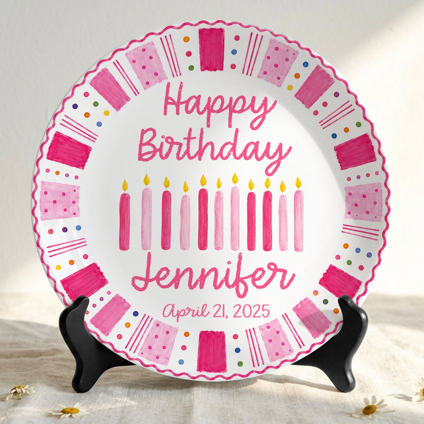 Pink Birthday Candles Personalized Birthday Plate for Kids Ceramic Keepsake Gift P86W4N0