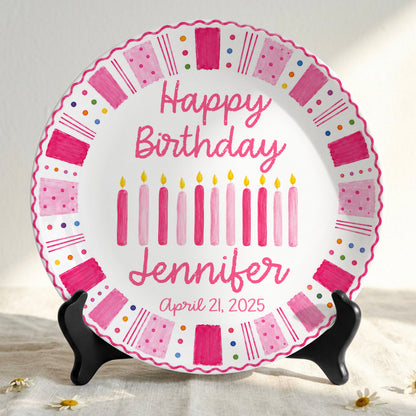 Pink Birthday Candles Personalized Birthday Plate for Kids Ceramic Keepsake Gift P86W4N0