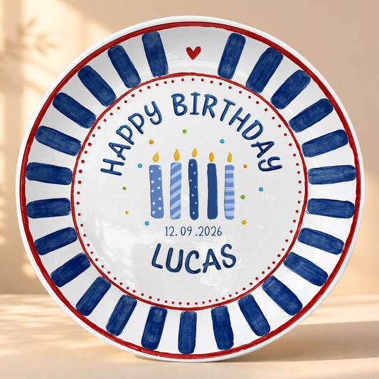 Blue Striped Birthday Candles Personalized Birthday Plate P626KF7TT