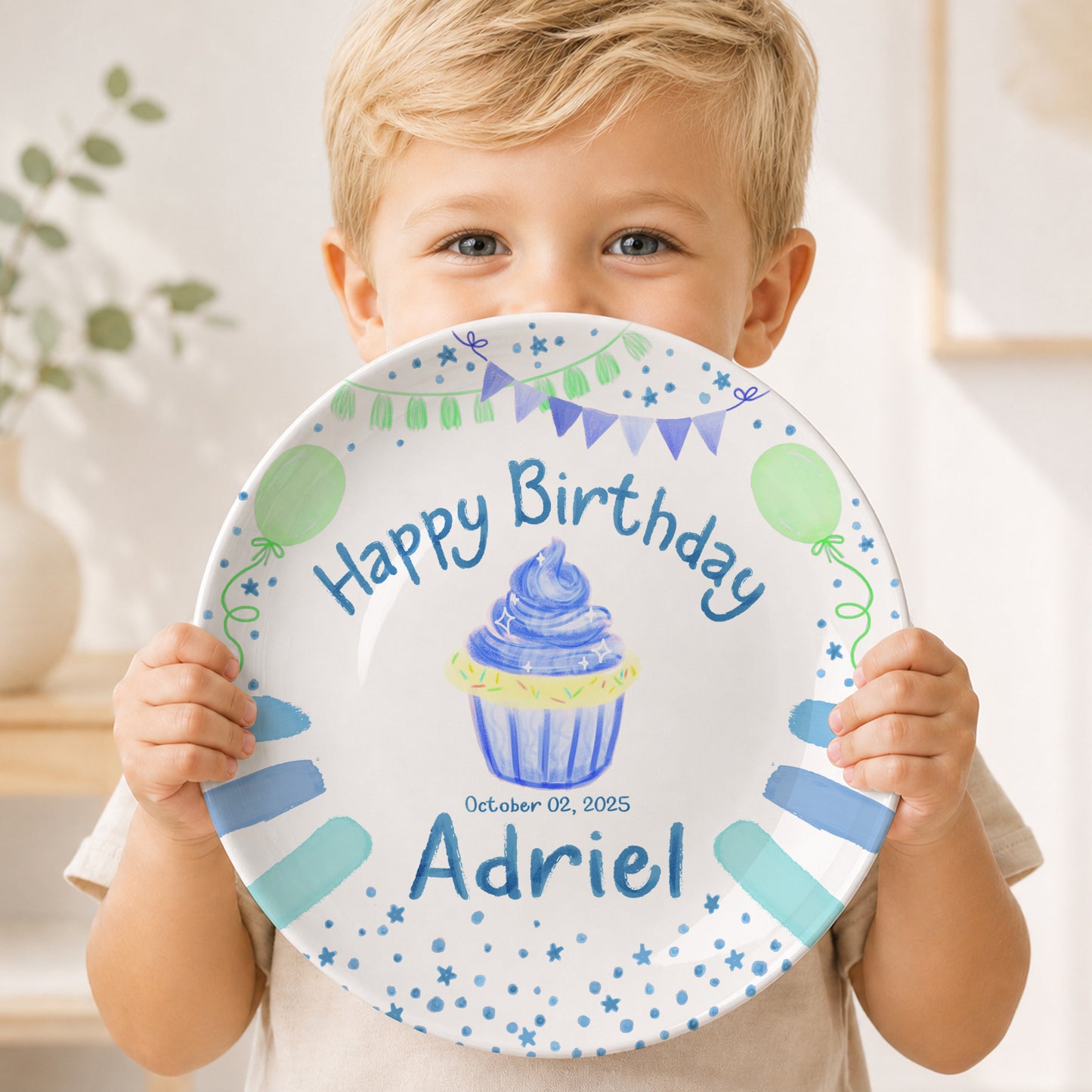 Blue Cupcake Balloon Personalized Birthday Plate P68OVE0a1