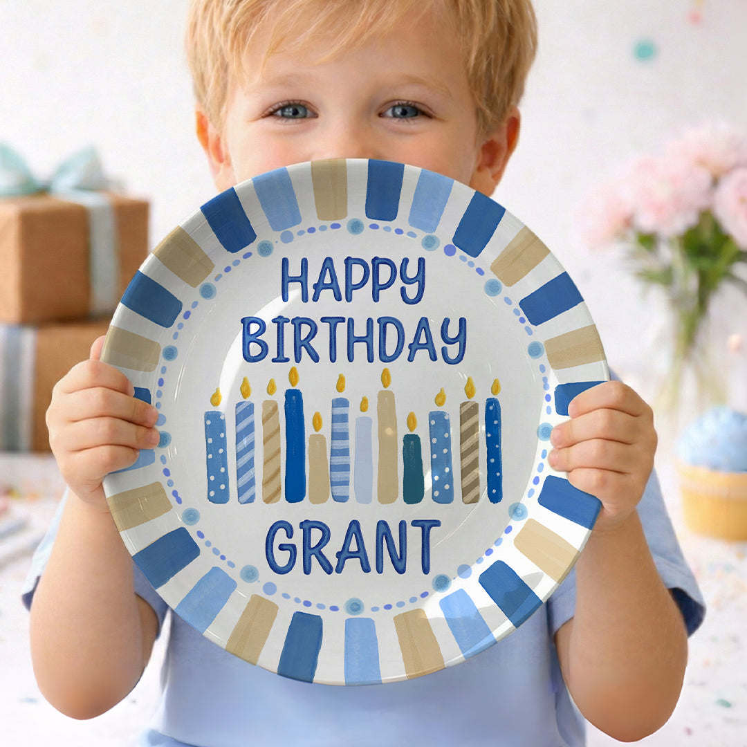 Blue and Tan Striped Border with Birthday Candles Personalized Birthday Plate D49EZG0