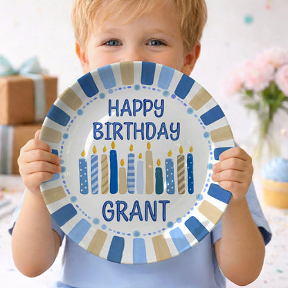 Blue and Tan Striped Border with Birthday Candles Personalized Birthday Plate D49EZG0