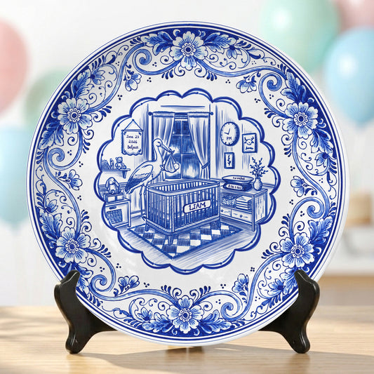 Delft Blue Newborn Birth Stats Custom Ceramic Keepsake Personalized Birthday Plate P820H8A0