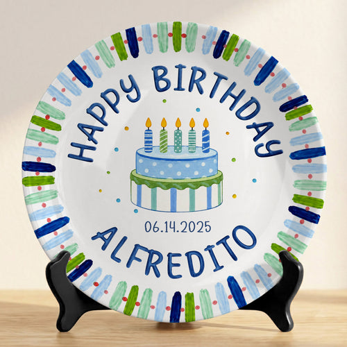 Blue Stripe Birthday Cake Personalized Birthday Plate P728HNA0