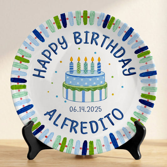 Blue Stripe Birthday Cake Personalized Birthday Plate P728HNA0