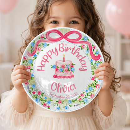 Pink Bow Floral Cake Personalized Birthday Plate P64HKN0