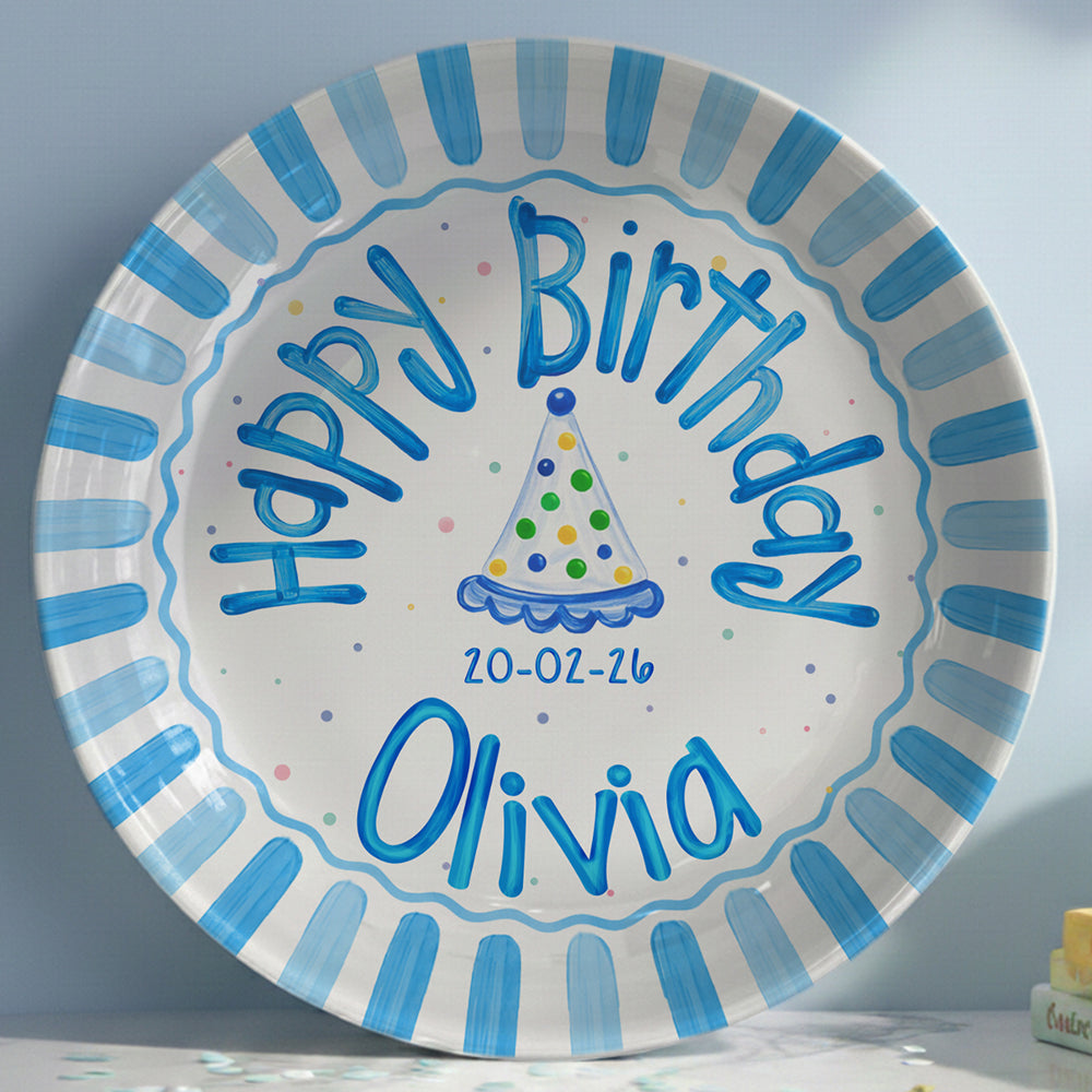 Blue Border and Confetti Party Hat Personalized Birthday Plate P314QKG0