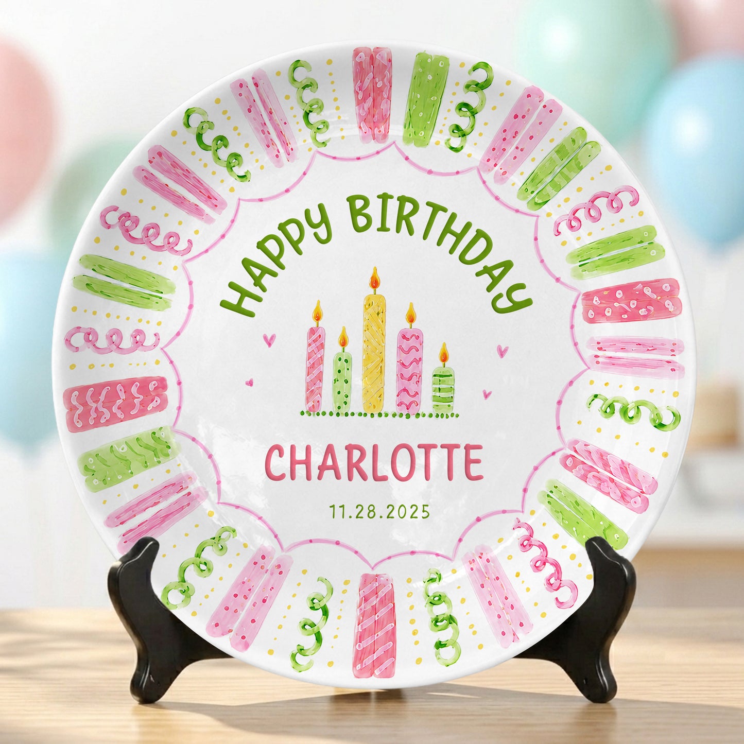 Colorful Pink Green Candle Design Personalized Birthday Plate for Kids P814XTQ0