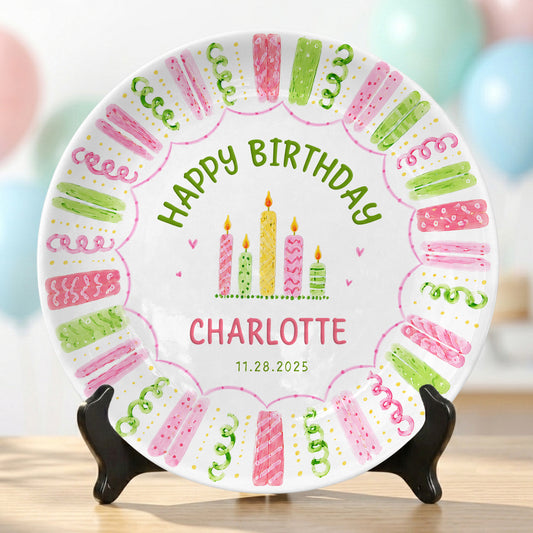 Colorful Pink Green Candle Design Personalized Birthday Plate for Kids P814XTQ0
