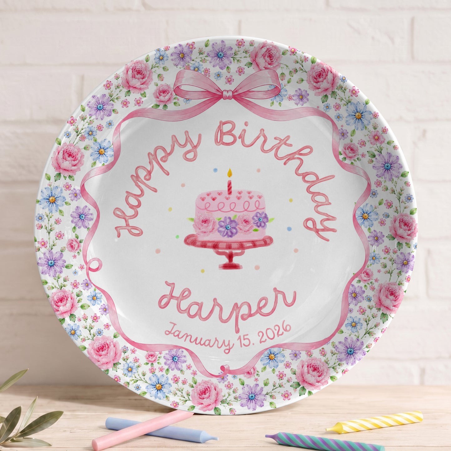 Pink Bow Floral Birthday Keepsake Personalized Birthday Plate D73RDS0