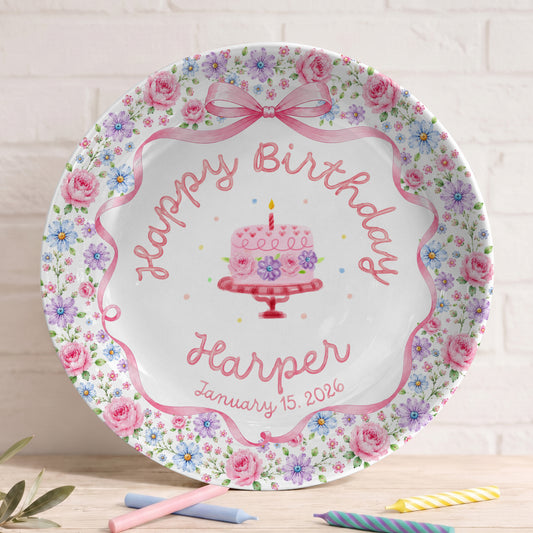Pink Bow Floral Birthday Keepsake Personalized Birthday Plate D73RDS0