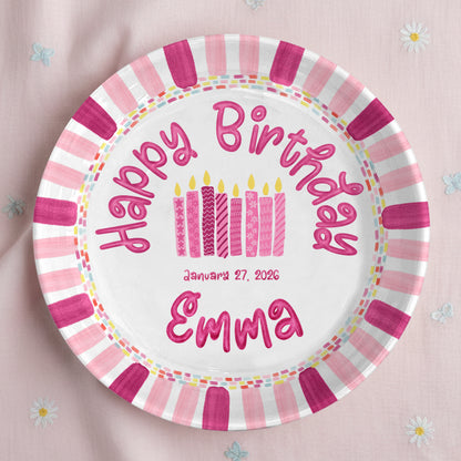 Pink Stripe Candle Personalized Birthday Plate P29F6C0