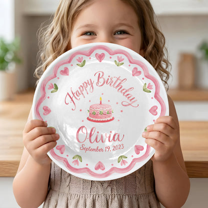Pink Scallop Heart Border with Floral Birthday Cake Personalized Birthday Plate P415VCJ0