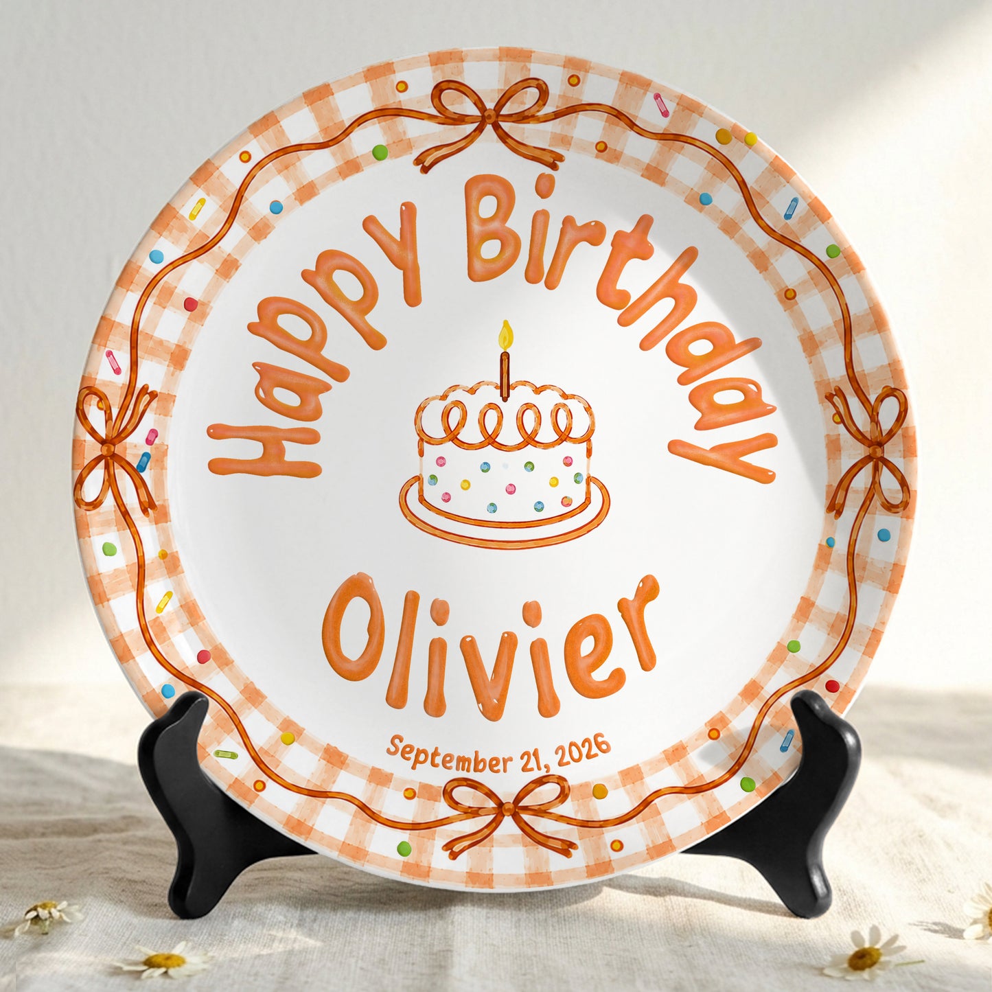 Orange Gingham Bow Personalized Birthday Plate for Kids, Custom Name and Date Ceramic Keepsake P85RP60