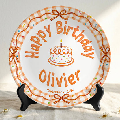 Orange Gingham Bow Personalized Birthday Plate for Kids, Custom Name and Date Ceramic Keepsake P85RP60