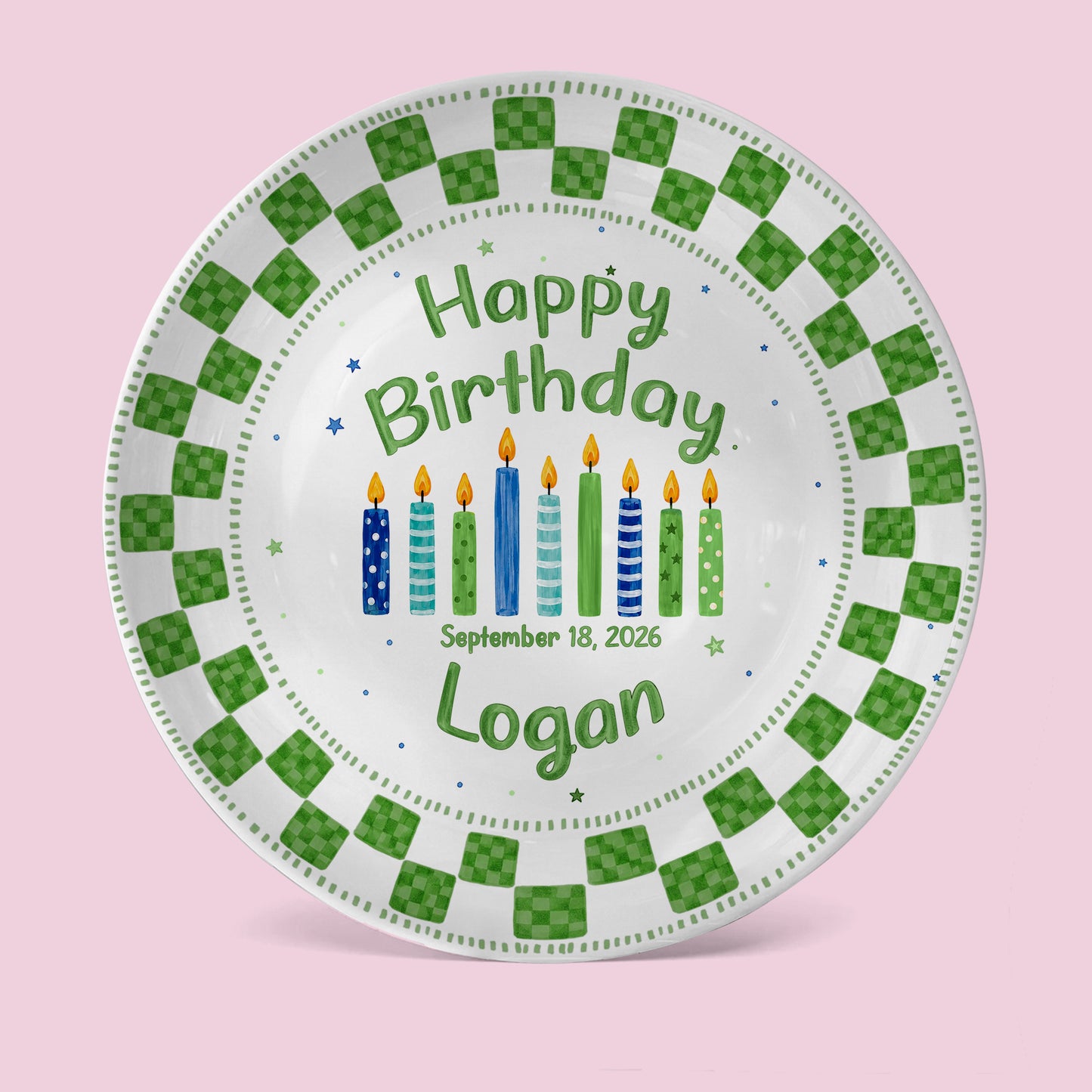Green Checker Birthday Candles Keepsake Personalized Birthday Plate D78C8H0