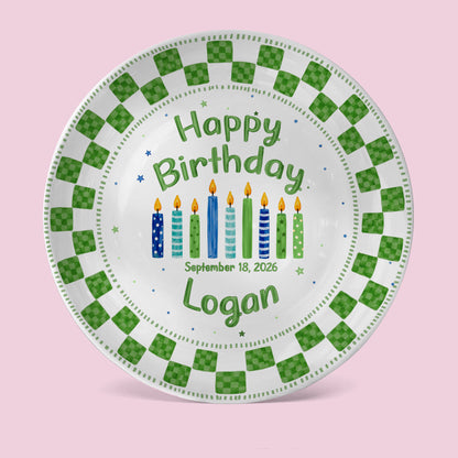 Green Checker Birthday Candles Keepsake Personalized Birthday Plate D78C8H0