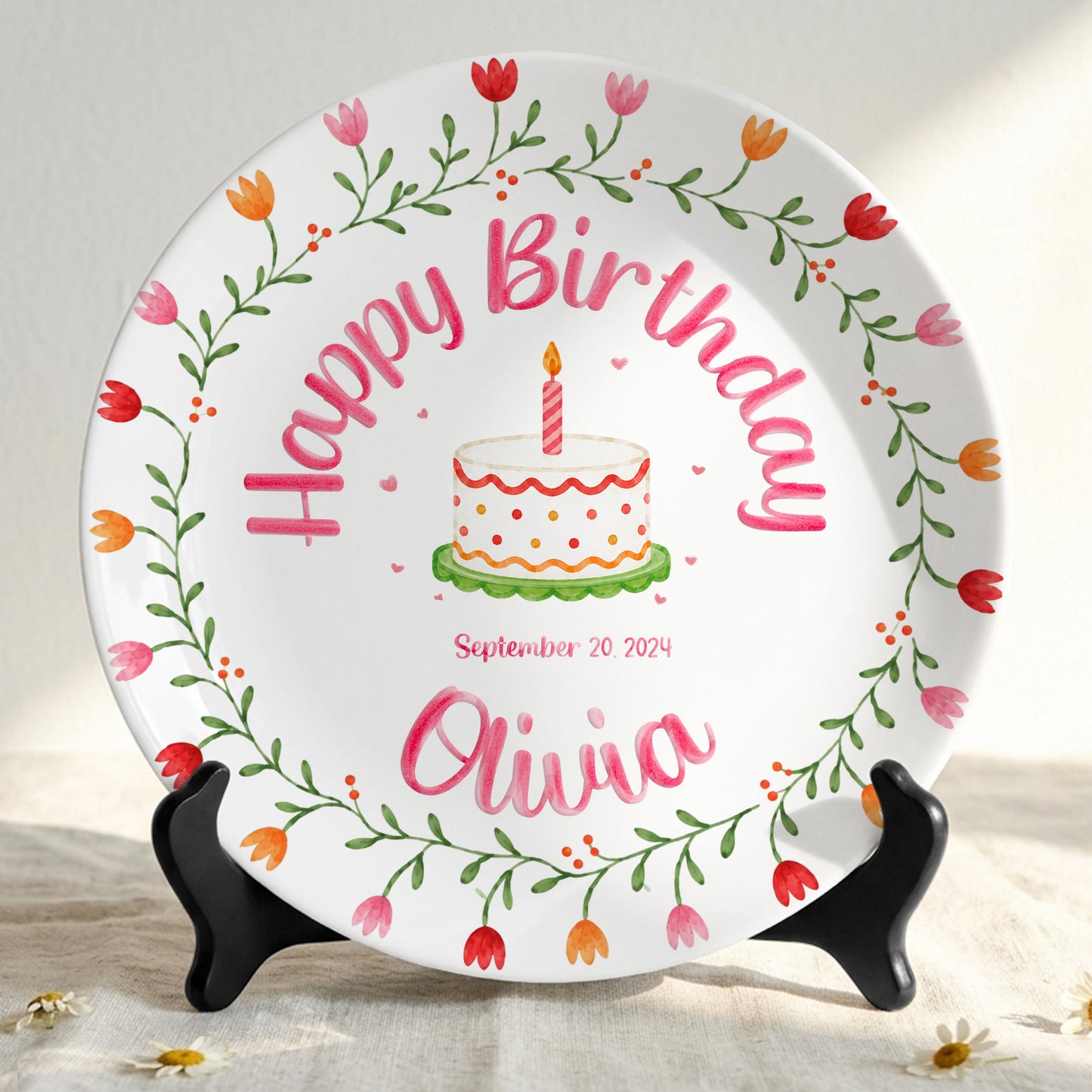 Tulip Floral Personalized Birthday Plate for Kids, Custom Name and Date Ceramic Keepsake P85E4U0