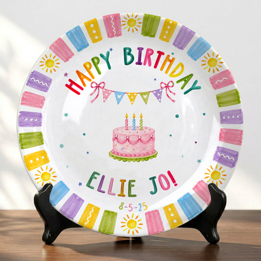 Rainbow Birthday Cake Personalized Birthday Plate for Kids, Custom Name Ceramic Keepsake P85FFC0