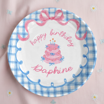Blue Gingham Pink Bow Cake Personalized Birthday Plate P2126QF0