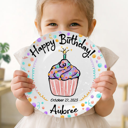 Colorful Confetti Cupcake Personalized Birthday Plate P42L9D0