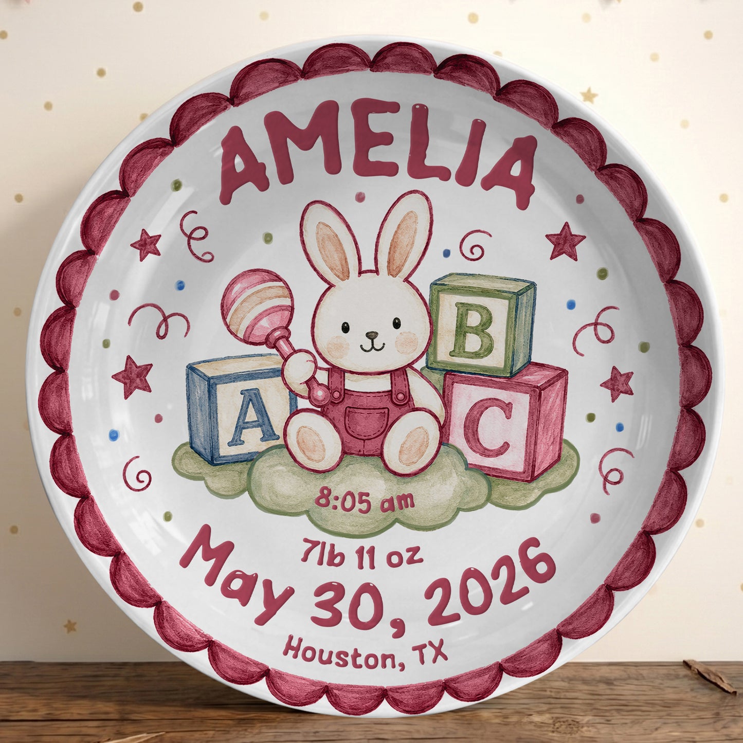 Cute Bunny Birth Stats Keepsake Personalized Birthday Plate for Baby P626ZVPTTb