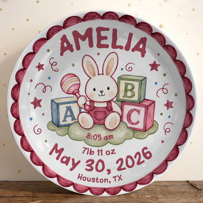 Cute Bunny Birth Stats Keepsake Personalized Birthday Plate for Baby P626ZVPTTb