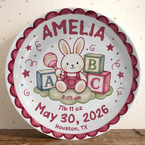 Cute Bunny Birth Stats Keepsake Personalized Birthday Plate for Baby P626ZVPTTb