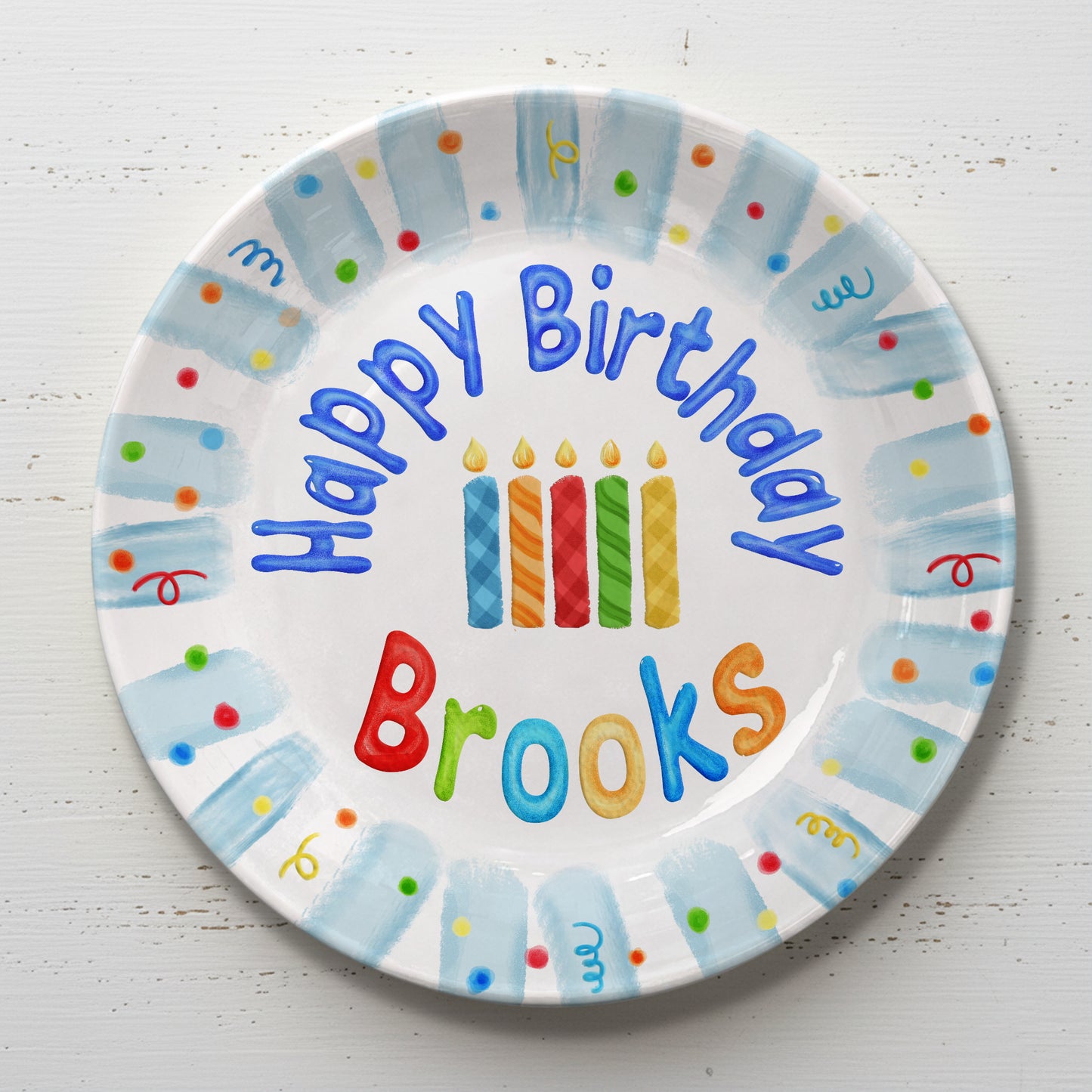 Colorful Candles with Blue Confetti Border Personalized Birthday Plate P23GWI0