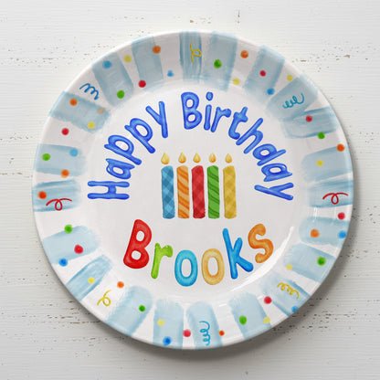 Colorful Candles with Blue Confetti Border Personalized Birthday Plate P23GWI0