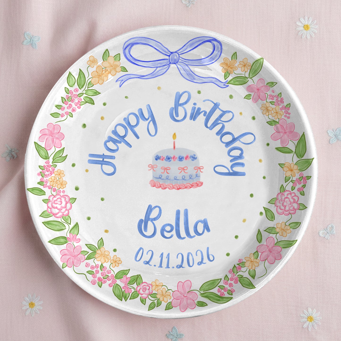 Blue Bow Flower Border Personalized Birthday Plate P311I7Y0