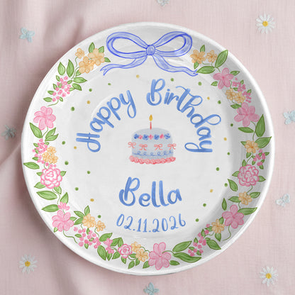 Blue Bow Flower Border Personalized Birthday Plate P311I7Y0
