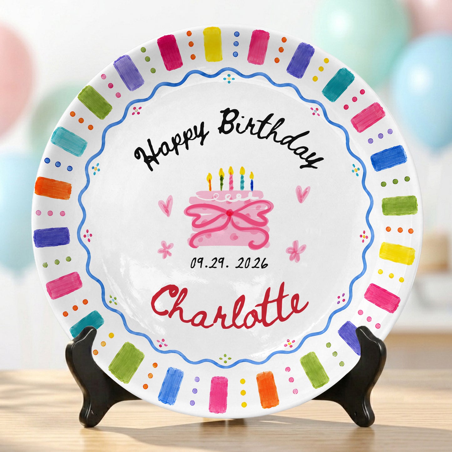 Rainbow Candles Birthday Cake Custom Name Gift Personalized Birthday Plate P814DRZ0