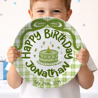 Green Gingham Personalized Birthday Plate P212JEY0
