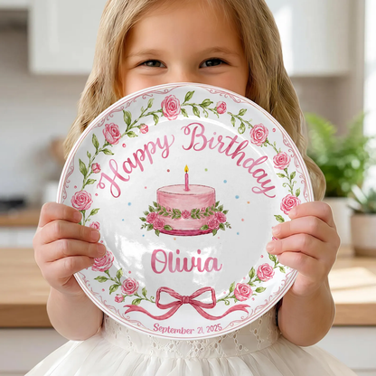 Pink Rose Floral Wreath Cake Personalized Birthday Plate P68VQX0