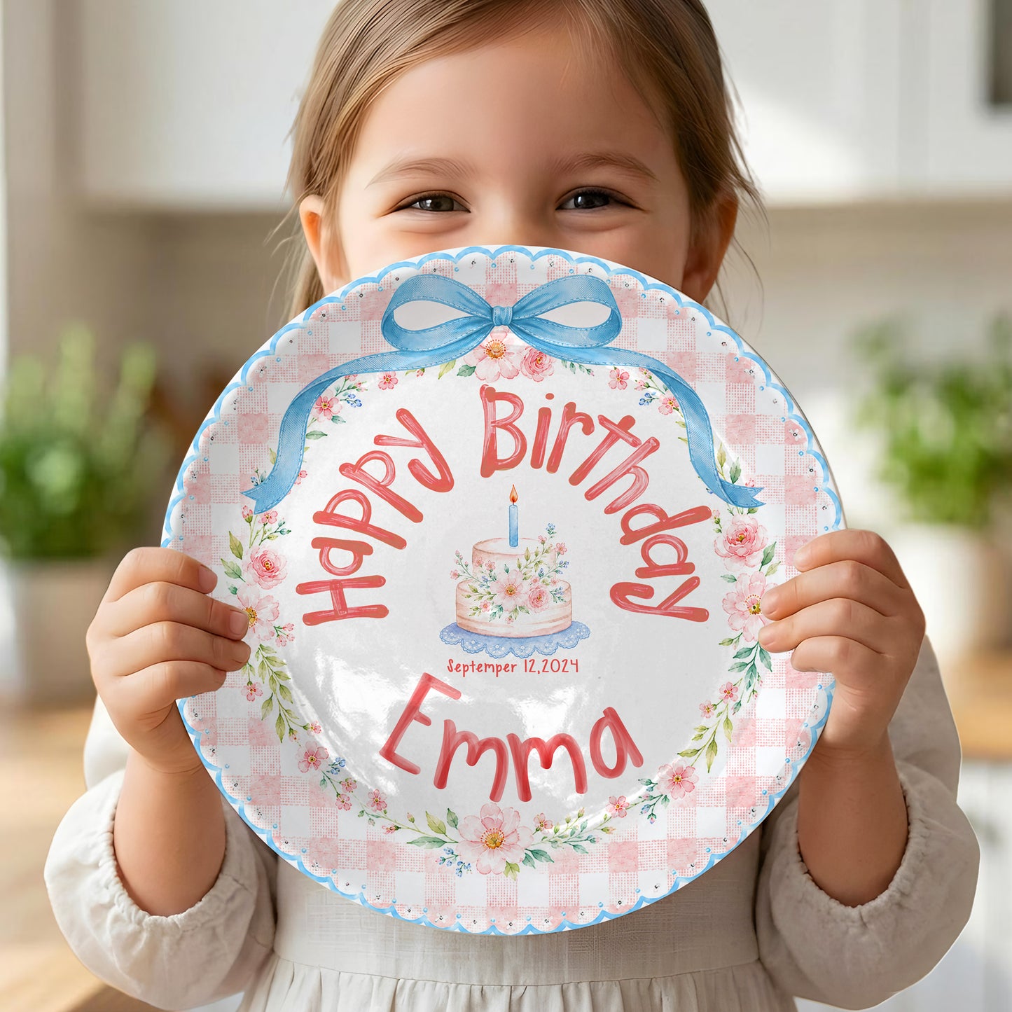 Blue Bow Gingham Floral Personalized Birthday Plate P561Y10