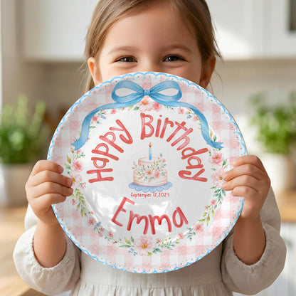 Blue Bow Gingham Floral Personalized Birthday Plate P561Y10