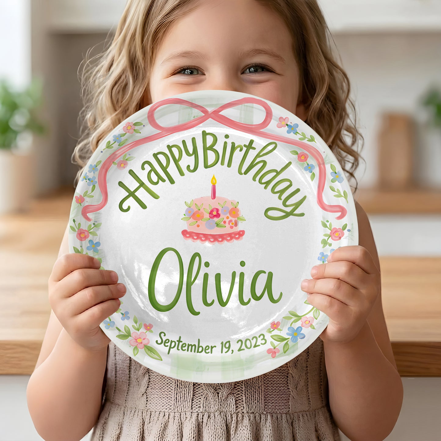 Pink Bow with Green Floral Border and Birthday Cake Personalized Birthday Plate P4156TV0