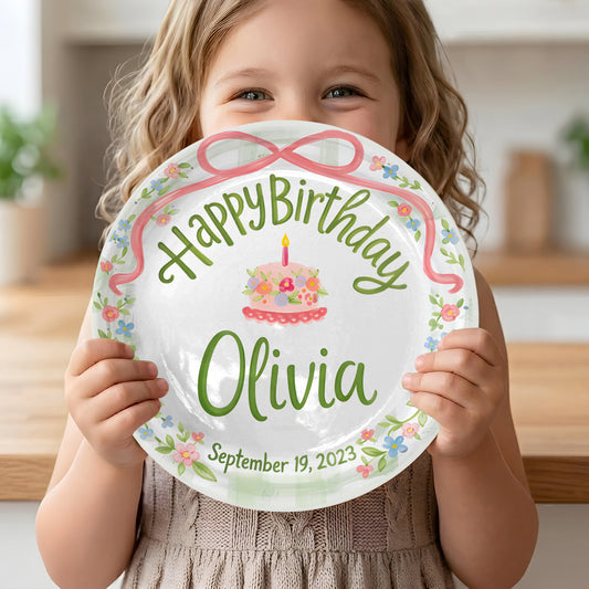 Pink Bow with Green Floral Border and Birthday Cake Personalized Birthday Plate P4156TV0