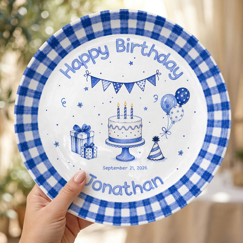 Blue Checkered Personalized Birthday Plate for Kids, Custom Name and Date Ceramic Keepsake P85XBL0