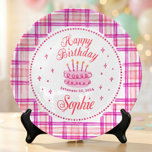 Pink Plaid Girl Custom Name Cake Keepsake Personalized Birthday Plate P813HFL0