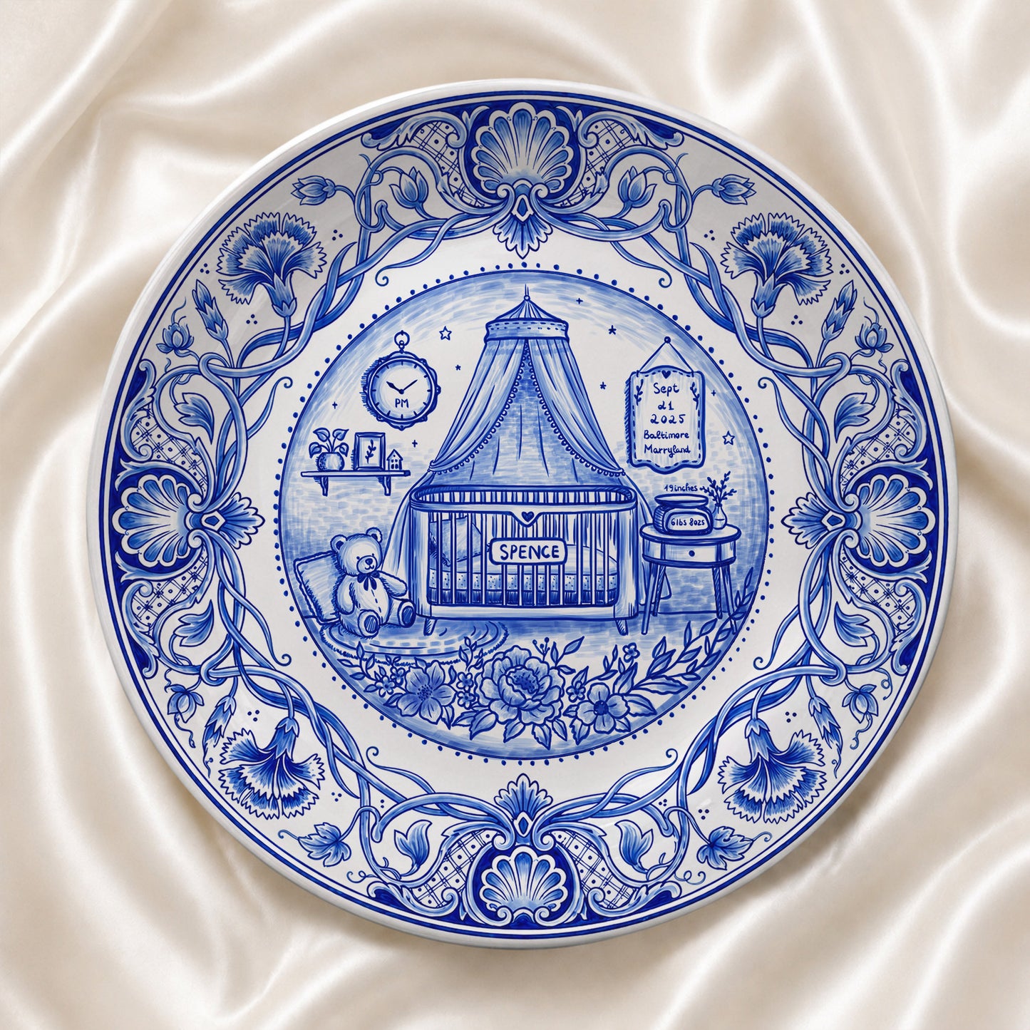 Delft Blue Newborn Birth Stats Custom Name Ceramic Personalized Birthday Plate P820OVX0